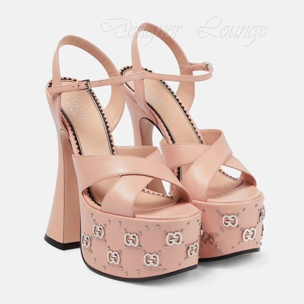 NEW GUCCI Interlocking GG Studs Rose Leather Platform Sandals EU 39 US 9
